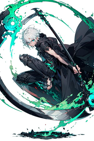 A male with blue eyes, short white hair, fullbody 
.
 Best quality rendering, serious .
Black cloak, green aura, perfect scythe, left hand on the pocket 
