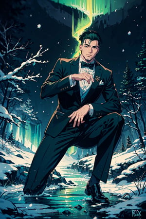 (masterpiece),1boy,vivid,a handsome maestro man, , wearing slick green tuxedo,wavy undercut hair,multicolored hair,green bangs,black anklepants,. 20 years old, thin beard, black silver wand,aurora,snow mountain, forest,solo,black background,evil face,prince vibe,ray tracing,pose like nba logo