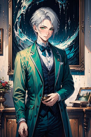 ((masterpiece, best quality)),(oil painting art),1men,silver hair,short hairstyle,icy green eyes,professor outfit, 18th century ,