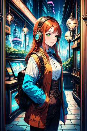 Dreampolis, hyper-detailed digital illustration, steampunk, single girl with techsuite hoodie and headphones in the street, neon lights, lighting bar, city, steampunk city, film still, backpack, in megapolis, pro-lighting, high-res, masterpiece