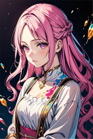 Light pink hair, pink eyes, pink and white, sakura leafs, vivid colors, white dress, paint splash, simple background, ray tracing, wavy hair
