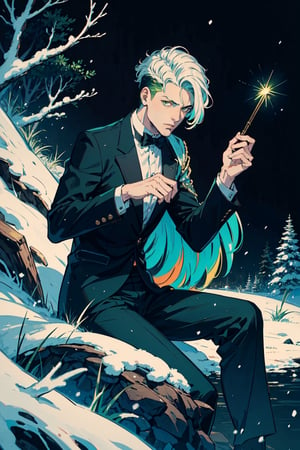 (masterpiece),1boy,vivid,a handsome maestro man, , wearing slick green tuxedo,wavy undercut hair,multicolored hair,green bangs,black anklepants,. 20 years old, thin beard, black silver wand,aurora,snow mountain, forest,solo,black background,evil face,prince vibe