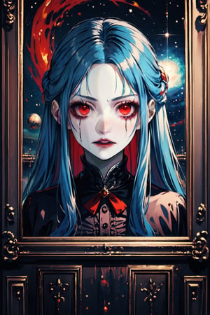 Red eyes, evil, blue hair,High detailed,outer space,witch,Long hair,horror (theme)