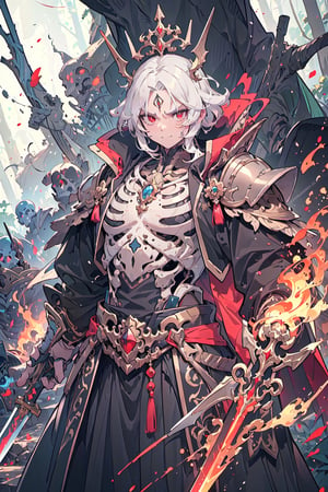 A skeleton, wearing a luxurious emperor's outfit. short wavy hairstyle, red eyes, Furrowed brows and mischievous smiles, a fire forest sword of magic, in the background.
It's all a skeleton.
 high-quality rendering, showcasing he personality and unique features serious face expression 
