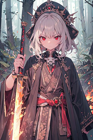 A skeleton, wearing a luxurious emperor's outfit. short wavy hairstyle, red eyes, a fire forest sword of magic, in the background.
.
 Best quality rendering, serious face expression 
