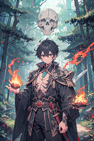 Boy, a warrior, wearing a luxurious emperor's outfit. Medium-parted short hairstyle cute skeleton wide eyes Furrowed brows and mischievous smiles, a skull rod, and a fire forest sword of magic in the background.
It's all a skeleton.
 high-quality rendering, showcasing he personality and unique features serious face expression 
