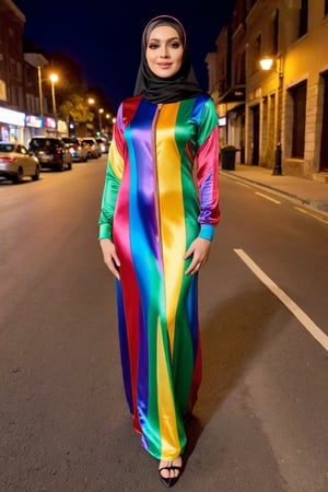 BBQ Femboy wearing rainbow satin dark shiny Longest Biggest Zipper dres suit  👗, Hijab rainbow, at night in the street among people ,flac-futa 