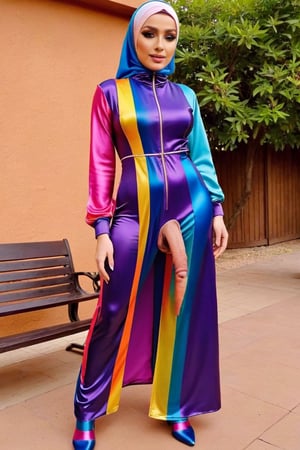 BBQ Femboy wearing rainbow satin dark shiny Longest Biggest Zipper dres suit  👗, Hijab rainbow, ,flac-futa