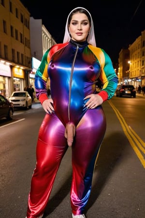 BBW Femboy wearing rainbow satin dark shiny Longest Biggest Zipper  suit  👗, Hijab rainbow, at night in the street among ordinary people , festival 
party on the street  large flac-futa 