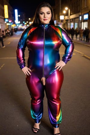 BBW Femboy wearing rainbow satin dark shiny Longest Biggest Zipper  suit  👗, Hijab rainbow, at night in the street among people , large flac-futa 