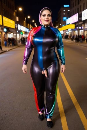 BBW Femboy wearing rainbow satin dark shiny Longest Biggest Zipper  suit  👗, Hijab rainbow, at night in the street among people , large flac-futa 