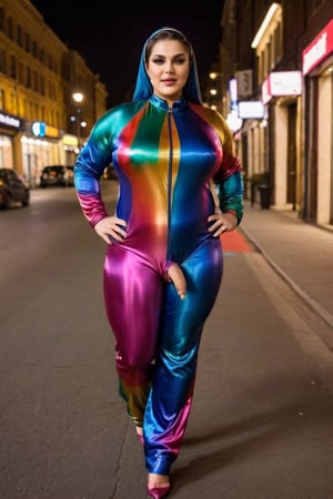 BBW Femboy wearing rainbow satin dark shiny Longest Biggest Zipper  suit  👗, Hijab rainbow, at night in the street among people , large flac-futa 