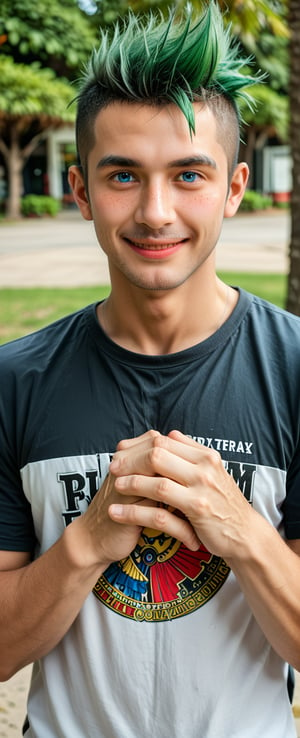 
Imagine the following scene:

Realistic photograph of a beautiful man for social network. Smile. Half body shot.

The man is outdoors.

The man wears a gray sports shirt.

The man is from Mexico, masculine, green hair, punk hair. 20 years old, very light blue eyes, bright and big eyes, full and red lips, blush, muscular. freckles in the face

high realism aesthetic photo, RAW photo, 16K, real photo, best quality, high resolution, masterpiece, HD, perfect proportions, perfect hands