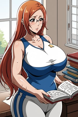 masterpiece, best quality, 4k, perfect lighting, very aesthetic, absurdres, uncensored, rating_explicit, nsfw, source_anime, BREAK, 1girl, red_hair, red_head, long_hair,(full red hair), wide hips, curvy, sweaty, large breasts, milf, mature_women, chubby, chubby_female, house_wife,inoue orihime, (wearing sportswear and glasses),(clerk),(concentrated,studying at the desk)