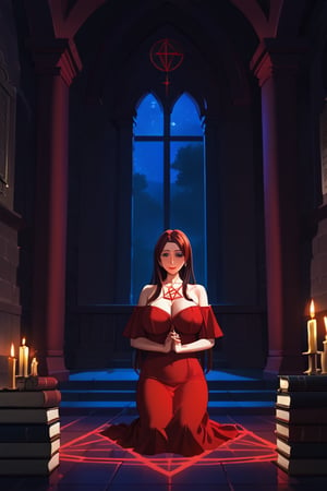 1girl, milf, mature_women,inoue orihime, red_hair; red_head, long_hair, longhair,dress, dress_white,see_trought,naked,curvy_figure ,scenery,night, ritual with candle,on knees ,pray, praying, book of witchcraft,Satanic, speel,ritual ,pentagram