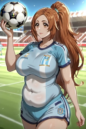 ⚽️, 1girls, orihime Inoue (brown eyes)(chubby female)(mature)(cougar),beautiful woman, long light a high ponytail. Light brown eyes.  Sport clothes, shorts and t-shirt(argentina national soccer team). Sporty. Soccer.background tribunein,the middle of the stands, holding the championship cup