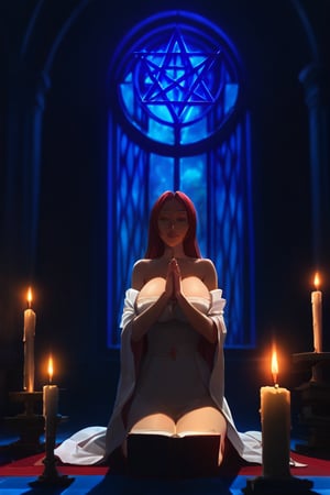 1girl,high_resolution,master_piece , milf, mature_women,inoue orihime, red_hair; red_head, long_hair, longhair,dress, dress_white,see_trought,naked,curvy_figure ,scenery,night, ritual with candle,on knees ,pray, praying, book of witchcraft,Satanic, speel,ritual ,pentagram, reading, big_book, magic