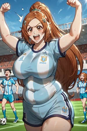 ⚽️, 1girls, orihime Inoue (brown eyes)(chubby female)(mature)(cougar),beautiful woman, long light a high ponytail. Light brown eyes.  Sport clothes, shorts and t-shirt(argentina national soccer team). Sporty. Soccer.background tribunein,the middle of the stands, in the middle of the stands watching the game, cheering and shouting holding the championship cup