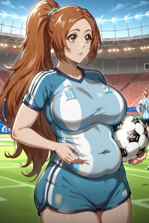 ⚽️, 1girls, orihime Inoue (brown eyes)(chubby female)(mature)(cougar),beautiful woman, long light a high ponytail. Light brown eyes.  Sport clothes, shorts and t-shirt(argentina national soccer team). Sporty. Soccer.background tribunein,the middle of the stands, in the middle of the stands watching the game, holding the championship cup