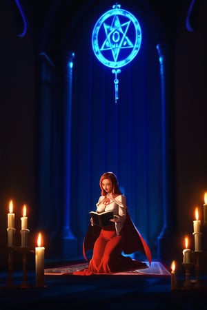 1girl,high_resolution,master_piece , milf, mature_women,inoue orihime, red_hair; red_head, long_hair, longhair,dress, dress_white,see_trought,naked,curvy_figure ,scenery,night, ritual with candle,on knees ,pray, praying, book of witchcraft,Satanic, speel,ritual ,pentagram, reading, big_book