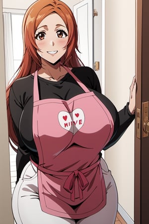 masterpiece, best quality, 4k, perfect lighting, very aesthetic, absurdres, uncensored, rating_explicit, nsfw, source_anime, BREAK, 1girl, red_hair, red_head, long_hair,(full red hair), wide hips, curvy, sweaty, large breasts, milf, mature_women, chubby, chubby_female, house_wife,inoue orihime, (in the entrance door frame), (wearing a black t-shirt, white pants and an pink apron), (welcoming with a smile), (Happy to see you)