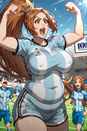 ⚽️, 1girls, orihime Inoue (brown eyes)(chubby female)(mature)(cougar),beautiful woman, long light a high ponytail. Light brown eyes.  Sport clothes, shorts and t-shirt(argentina national soccer team). Sporty. Soccer.background tribunein,the middle of the stands, in the middle of the stands watching the game, cheering and shouting holding the championship cup