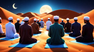 a detailed 8k illustration, several handsome muslim man perform salaah in congregation in the middle of desert at night, a majestic sky   .  detailmaster2, 