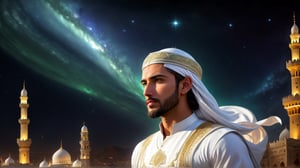 a detailed epic poster, a handsome white muslim man asking questions, detailmaster2, charismatic demeanor, at night in islamic city, magestic sky ,DonMASKTexXL 