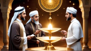 a detailed epic poster, three handsome white muslim men charismatic learning, with timeline towards islamic civilisation, DonMASKTexXL , 