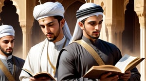a detailed epic poster, three handsome young white muslim men charismatic reading, with timeline towards islamic civilisation, DonMASKTexXL , 