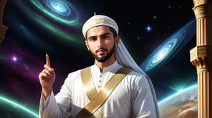 a detailed epic poster,  a handsome white muslim scholar young man answering quiz question, DonMASKTexXL , 