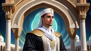 a detailed epic poster, a handsome white university student graduating, islamic architecture 
  , DonMASKTexXL , 