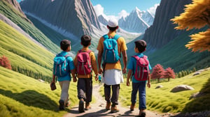 a detailed 8k illustration, a handsome muslim man leading a group of muslim kids hiking , detailmaster2, 