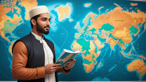 a detailed 8k illustration, handsome muslim man showing the plan on a world map on the wall, charismatic demeanor,  .  detailmaster2, 