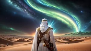 a detailed epic poster, a handsome white muslim man looking from afar to the several warriors at the end of the desert, detailmaster2, charismatic demeanor,  magestic sky ,DonMASKTexXL 