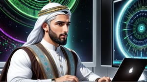 a detailed epic poster, a handsome white muslim man in front of computer with data analytics, islamic 
  , DonMASKTexXL , 