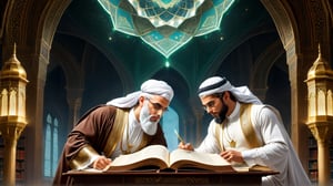 a detailed epic poster, two handsome white muslim scholars reading in library, islamic architecture 
  , DonMASKTexXL , 