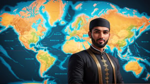 a detailed 8k illustration, a handsome muslim man highlighting the expansion on the world map shown on the wall, charismatic demeanor,  .  detailmaster2, 
