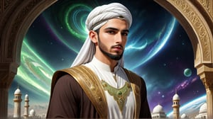 a detailed epic poster, a handsome white muslim young man lead the change of the world, islamic civilization 
  , DonMASKTexXL , 