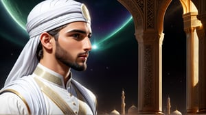 a detailed epic poster, a handsome white muslim young man getting ready to learn, islamic
  , DonMASKTexXL , 