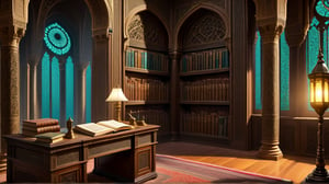 a detailed epic poster,  desk with books in a room, islamic architecture 
  , DonMASKTexXL , 