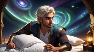 a detailed epic poster, a handsome white muslim young man making choices between challenging adventure or resting in bed
  , DonMASKTexXL , 