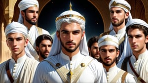 a detailed epic poster,   several handsome white muslim young men , history  , DonMASKTexXL , 