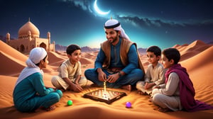 a detailed 8k illustration, a handsome muslim man is playing games with several small muslim kids sitting in the middle of desert at night, a majestic sky   .  detailmaster2, 