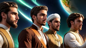 a detailed epic poster,   several handsome white muslim young men studying history  , DonMASKTexXL , 