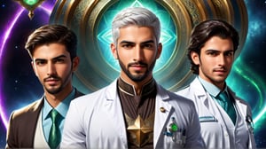 a detailed epic poster,   a handsome white muslim man as team leader together  with a doctor and a high school student, charismatic demeanor, DonMASKTexXL , 