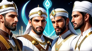 a detailed epic poster, several handsome white  muslim men lovely brotherhood with each other,  