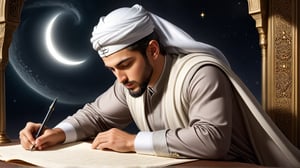 a detailed epic poster, a handsome white muslim is writing on a piece of paper a flow of work plan, DonMASKTexXL , 
