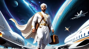 a detailed epic poster,   a handsome white muslim man stepping out of airplane in front of great world islamic civilisation   , DonMASKTexXL , 