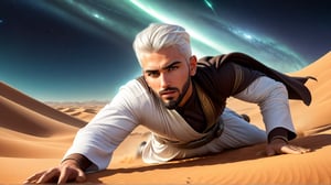 a detailed epic poster,   a handsome white muslim man fall down on the ground of the desert , DonMASKTexXL , 